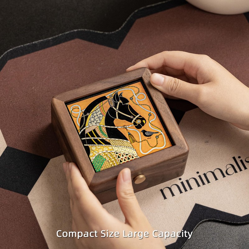 Wooden Jewelry Box,Small Wooden Box with Velvet Lining (Horse Design