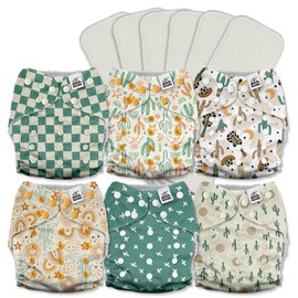 Mama Koala 3.0 Pocket Cloth Diapers for Babies with AWJ Lining, 6 Pack with 6 5-Layer Natural Cloth Diaper Inserts - Reusable and Washable Pocket Diapers(A-Desert Oasis)