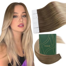Ugeat Ombre Brown Tape in Human Hair Extensions Brown to Caramel Blonde with Platinum Blonde Extensions Real Human Hair Tape in Seamless 20 Inch 50G 20Pcs