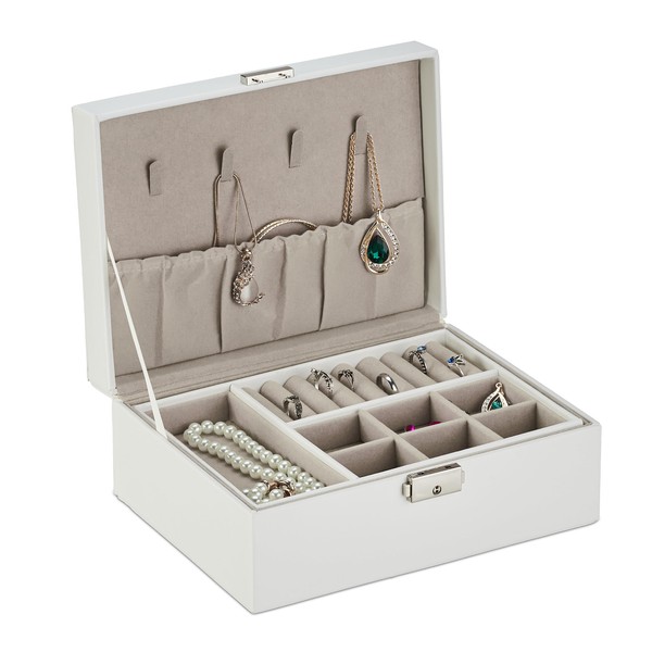 Relaxdays Jewellery Storage Box with Ring Holder H 9.5 x W 23 x D 17.5 cm Removable Insert White
