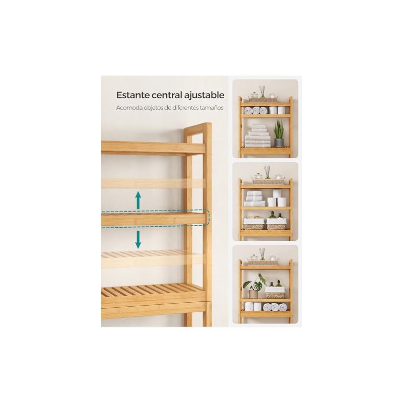 SONGMICS Estante para Baño sobre Inodoro, Ajustable, De Bambú, 3