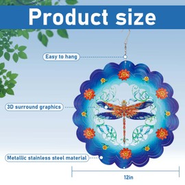 Wind Spinner-3D Stainless Steel Hanging Wind Catchers Kinetic,Hanging Ornament Outdoor Wind Spinner,12Inch Wind Spinners Outdoor Hanging for Gardens and Courtyards（Dragonfly）
