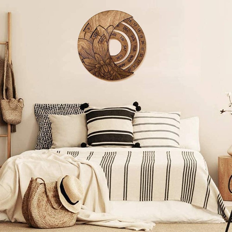 Wooden Wall Calendar Wall Mounted Rotatable Perpetual Calendar Adjustable Round