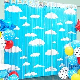 Cartoon Toy Inspired Story Birthday Party Decoration, 2 Pack Cartoon Story Party Photo Booth Prop, Blue Sky White Cloud Fringe Curtains Tinsel Photo Streamers Backdrop for Cartoon Story Party Supplies