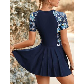 Rash Guard for Women One Piece Modest Swimsuits Front Zipper Short Sleeve Swimsuits UV UPF 50+ Swim Skirt Dress Rash Guard Swimwear Navy Blue Medium 2025