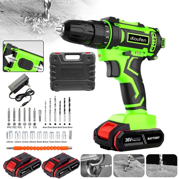 IKAUFEN Cordless Brushless Impact Driver Hammer Drill Combo Set W/