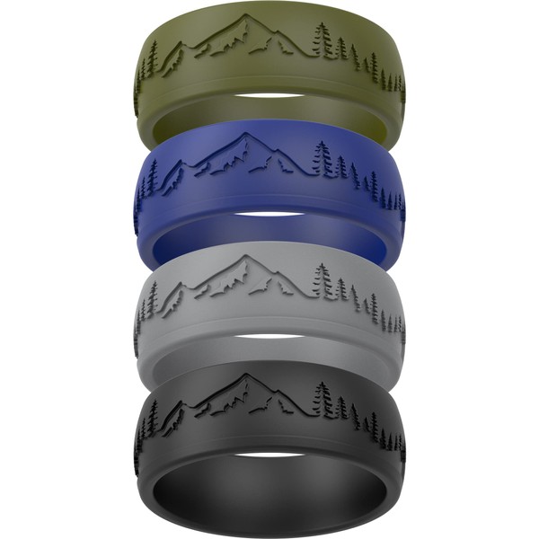 ThunderFit Silicone Wedding Rings for Men, Breathable Airflow Pattern - 9mm wide - 2mm Thick (Forest and Mountains - Grey A, Black, Dark Blue B, Olive Green - Size 9.5-10 (19.8mm))