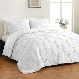 King Size Comforter Set White, 3 Pieces Bed Lightweight Solid Bedding Comforters Sets, All Season Fluffy Down Alternative Comforter Bed Set Quilt Blanket (White, King)