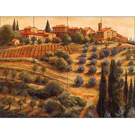 Tuscan Tile Mural Backsplash - Chianti Sunset by Joanne Morris Margosian Ceramic Kitchen Shower Bathroom (17" x 12.75" - 4.25" Tiles)