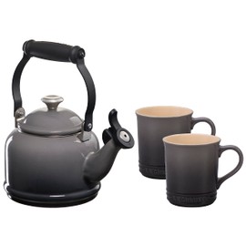 Le Creuset Enamel On Steel Demi Kettle with Metal Finishes & Stoneware Set of 2 Mugs, 1.25 qt. Kettle & (2) 14 oz. Mugs, Oyster
