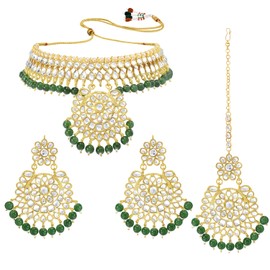 Aheli Gold Plated Traditional Kundan with Green Beaded Choker Necklace Jewelry Set Gift for Women