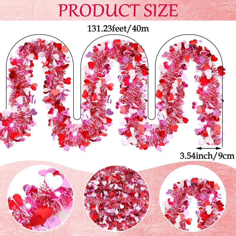 Riceshoot 131.23 ft Valentine's Day Tinsel Garland Metallic Heart Hanging