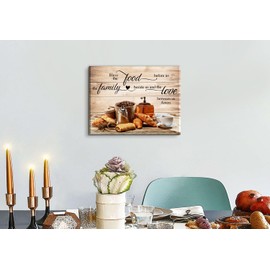 Christian Wall Art Kitchen Wall Decor Bless The Food Quote Dining Room Pictures Rustic Coffee Art Wall Decor Farmhouse Canvas Prints Painting Family Artwork for Restaurant Home Decoration 12x16"