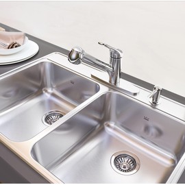 Kindred CDLA3322-7-4N Creemore 33-in LR x 22-in FB x 7-in DP Drop In Double Bowl 4-Hole Stainless Steel Kitchen Sink, 33" x 22"