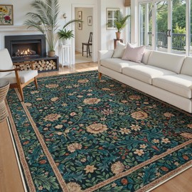 LIVEBOX Machine Washable Large Area Rugs 8x10, Boho Area Rugs for Living Room Non Slip, Vintage Floral Indoor Floor Retro Carpet for Kids Play Bedroom Dining Room, Navy Blue