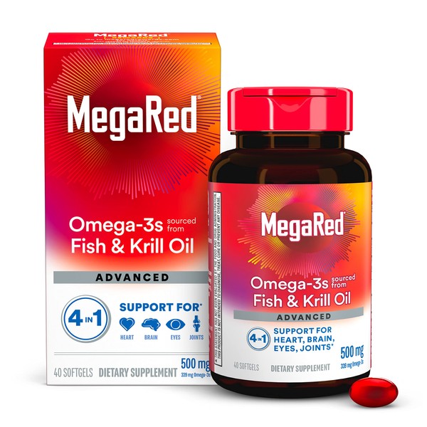 Megared Advanced 4in1 Omega-3 Fish Oil + High Absorption Krill Oil 500mg, Concentrated Omega-3 Fish & Krill Oil Supplement for Heart, Joints, Brain & Eyes, 40 Count