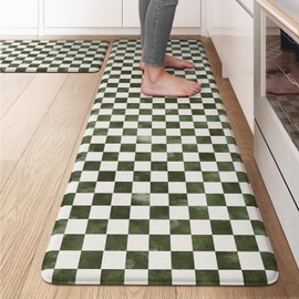 KIMODE Anti Fatigue Kitchen Mats for Floor 2 Piece, Cushioned Farmhouse Plaid Kitchen Rugs, Memory Foam Kitchen Floor Mats, Standing Desk Mats for Laundry Office Sink Green/White 17"x59"+17"x29"