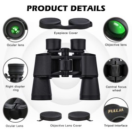 FULLJA 20x50 High Power Waterproof Binoculars for Men- Adult Binoculars for Hunting with Low Light Night Vision, Large Eyepiece Binoculars for Bird Watching, Operas, Hiking, Outdoor Sports