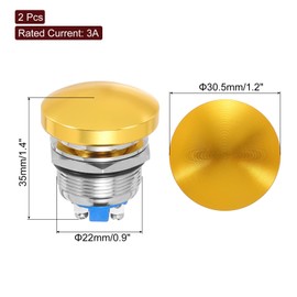 METALLIXITY 2PCS 3A 22MM 7/8" Momentary Mushroom Head Push Button Switch 12V 24V 120V 250V AC Gold 1NO Waterproof IP65 SPST Domed Round 2 Screw Foot Button Switch