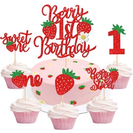 31 adornos para cupcakes de fresa Sweet One con bayas rojas para primer cumpleaños, decoración para tartas de primer cumpleaños, fresas para baby shower con temática de fresa, suministros para