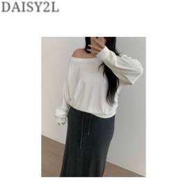 DAISY2L Art Ribbed Boat-Neck Off-Shoulder Batwing Long Sleeve Tee 1ea, Color#$%Size:Black-Free