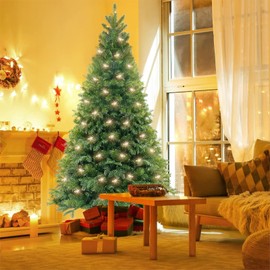 6ft Artificial Christmas Tree with Lights Pre-Lit, Pine Tree Indoor Christmas Decorations with Metal Foldable Stand, Xmas Tree for Home Office Holiday Party, UL Listed