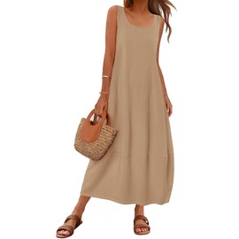 MEROKEETY Women's Casual Maxi Sundress 2025 Summer Beach Dress Scoop Neck Sleeveless Loose Tank Dress, Khaki, X-Large