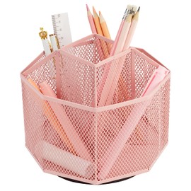 Annova Mesh Desk Organizer Rotate with 5 Compartments Spinning Tidy Candy/Pen Holder Office, Art Supply, Storage, Classroom, Home (Light Pink)