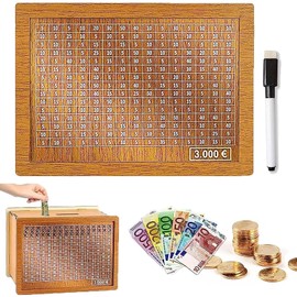 Money Box with Counter, 3000 Euro Savings Goal, with Acrylic Plate, Wipe-Clean, Reusable After Achieving the Goal, Developing Saving Habits, Wooden Money Box, Gift for Yourself!