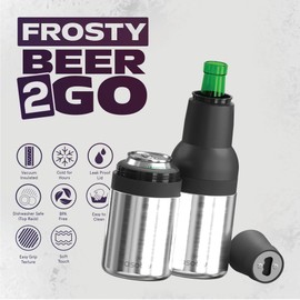 Asobu Frosty Beer Holder 2 Go Vacuum Insulated Double Walled Stainless Steel Beer Can and Bottle Cooler with Beer Opener, Bpa Free, Fits Standard 12oz Bottles, Gift for Beer Lovers (Star Silver)