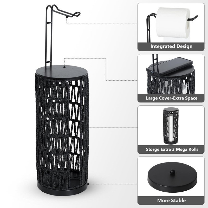 Black Freestanding Toilet Paper Holder with Storage,3 Rolls of Tissue