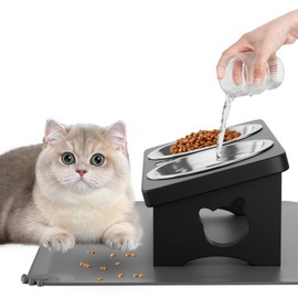 Solid Wood Elevated Cat Bowls with Silicone Food Mat, 15° Tilted Raised Cat Food and Water Dishes, Anti-Vomiting Design, 2 Stainless Steel Bowls for Cats & Small Dogs (Black)