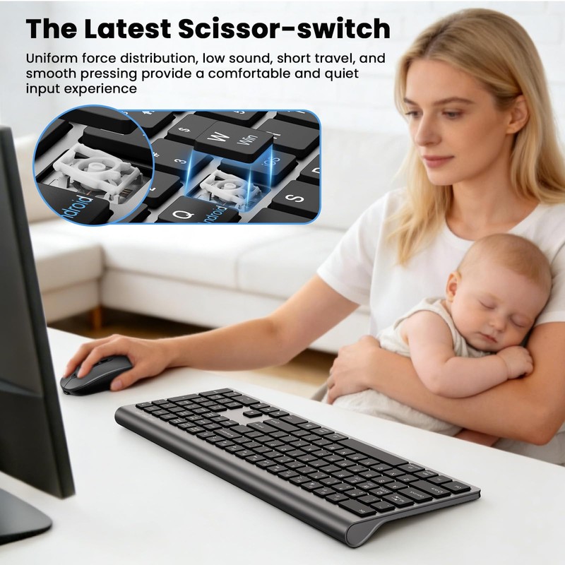 Rechargeable Wireless Bluetooth Keyboard and Mouse Combo, Full Size Silent
