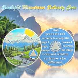 IELCJJ 7 Year Sobriety Coin, Delicate Sunlight Mountains Sobriety Chip Rivers Green Tree AA Coin and Medallions Na Sober Token Narcotics Alcoholics Anonymous Recovery Gifts for Men Women