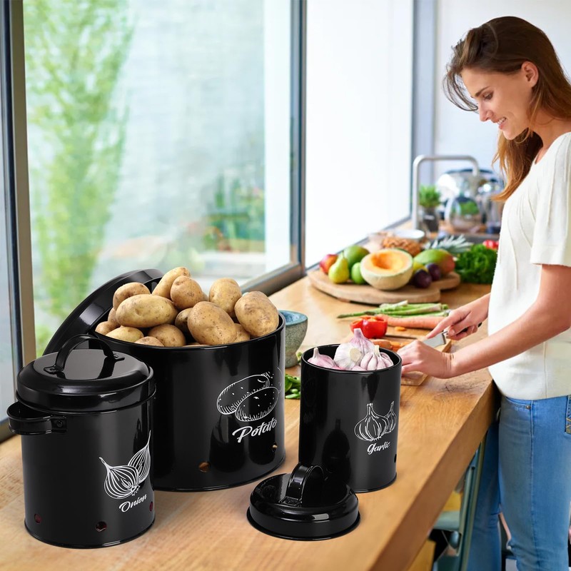 Frcctre 3 Pack Vegetable Storage Tins, Potato Onion Garlic Storage