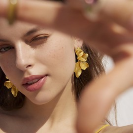 Gold Statement Earrings For Women 18K Gold Plated Sectored Flower Leaf Shell Angel Wing Earrings Large Stud Earrings Hypoallergenic Stud (Flower Leaf Earrings)