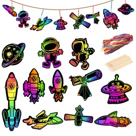 LAMEK 48 Stück Weltraum Kratzbilder Kinder Weltraumfahrt Kratzpapier Bastelset DIY Kunsthandwerk zum Basteln Party Geschenk mit Design Astronaut Raketen Raumschiff für Mädchen Junge Geburtstag
