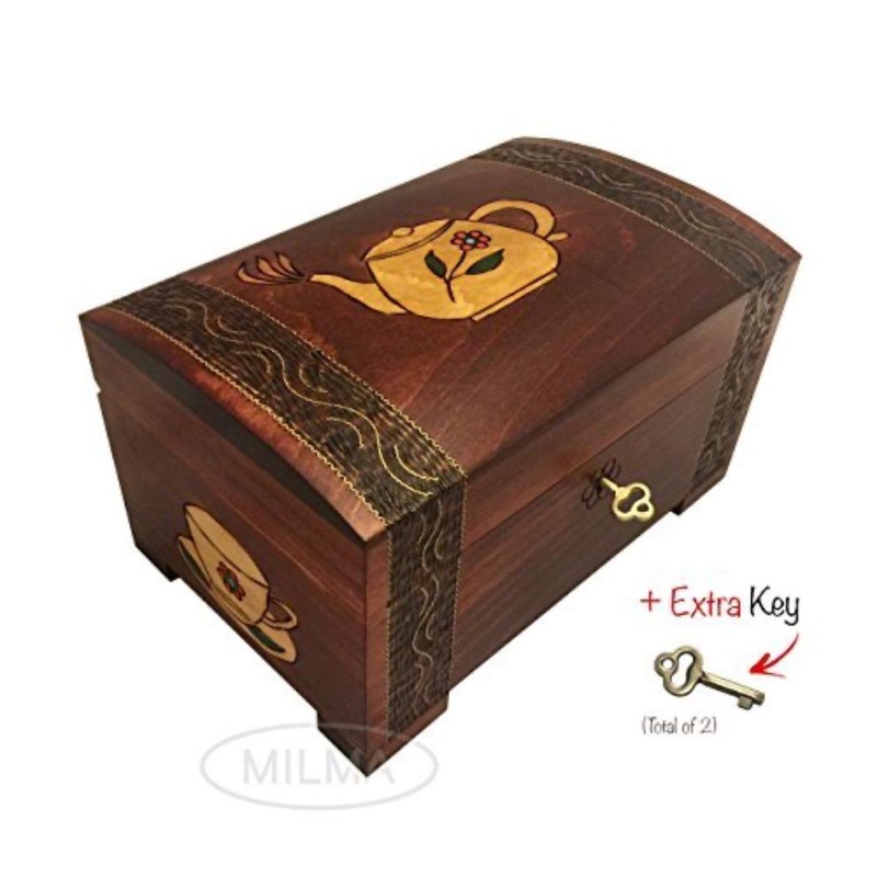 MilmaArtGift Tea Chest Hand-Carved Floral Teapot Design Decorative Wood Chest