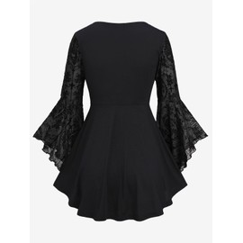 Rosegal Women Plus Size Flare Sleeves Ruffles Flower Lace Up 2 in 1 Top Long Sleeves Gothic Costume Top Bell Sleeves Twofer Tee(Black_5/3X)