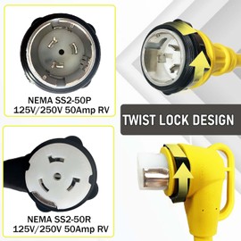 90 Degree 50 Amp RV Twist Lock Plug, NEMA SS2-50P to SS2-50R RV Adapter, 1.5ft Heavy Duty Extension Cord Adapter with 50Amp Power Locking Male and 50 Amp 90 Degree Locking Female Ends, Yellow