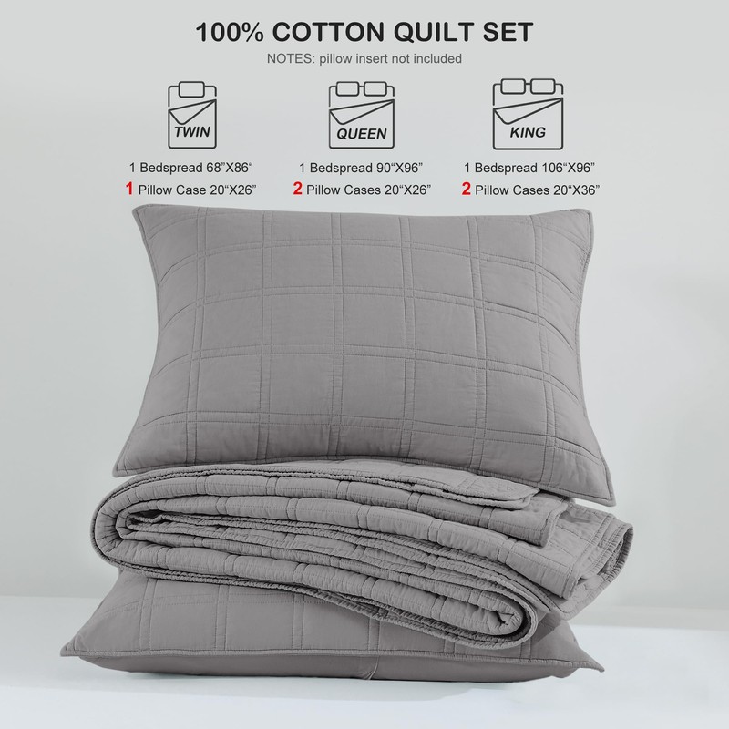HORIMOTE HOME 100% Cotton Quilt Set King Size, Grey Pre-Washed