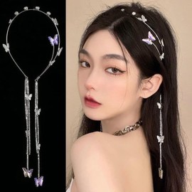 Diadema de mariposa para boda, cadena para la cabeza, borla plateada, aro para el cabello, enredadera para el cabello, cabeza decorativa vintage