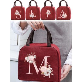 Floral Letter Pattern Lunch Bag, Portable Insulated Bento Bag, Lunch Box Bag for Women & Men, Casual Trendy Versatile High-quality Daily Bag - Color: Burgundy, Size: Letter-F