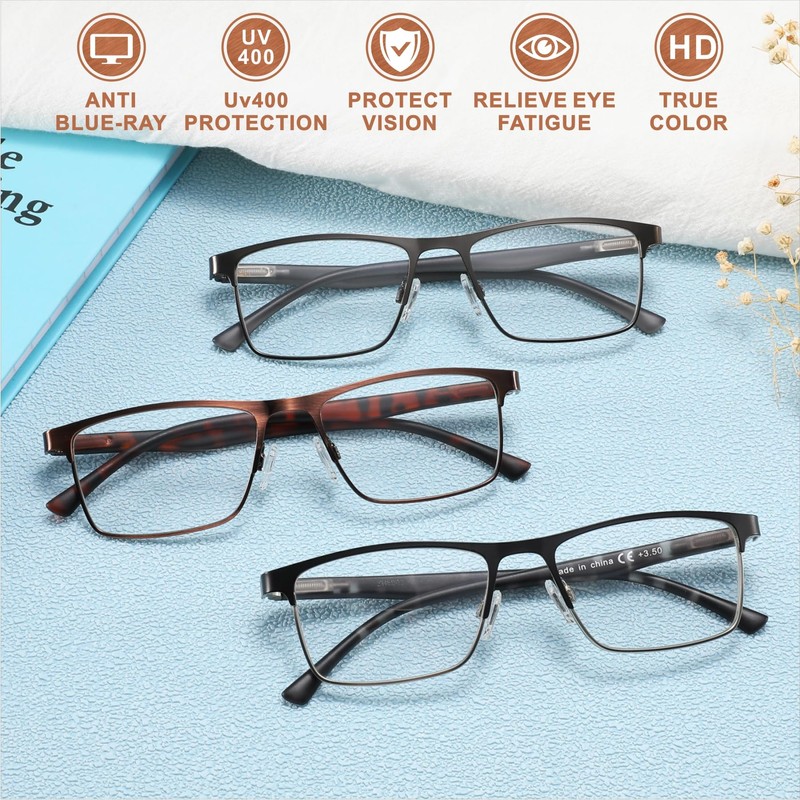acavefox 3 Pack Reading Glasses Men Readers Blue Light Blocking