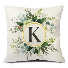 Snylcee Monogram Letter K Throw Pillow Covers Floral 18x18 Inch, Greenery Spring Pillows Decorative Throw Pillows Pillowcase Summer Farmhouse Decor for Couch Sofa, Family Last Name Initial Pillow Case