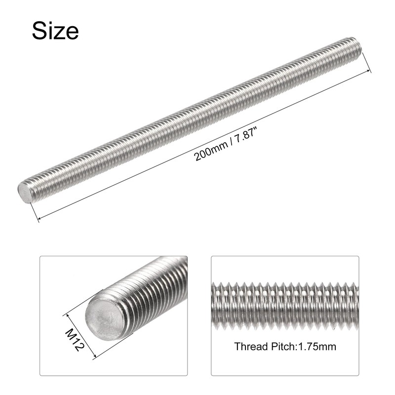 sourcing map Fully Threaded Rod M12 x 200 mm 304