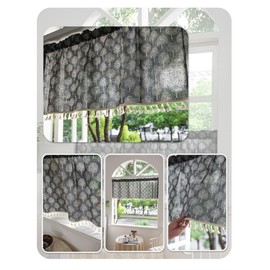 NSXIN Net Curtain, Semi-Transparent Bistro Curtain, Flowers, Kitchen Curtains, Country House Style Curtains, Tassel Curtains, Short for Small Windows, Kitchen, Living Room (Lucky Tree, 150 m x 61 cm)