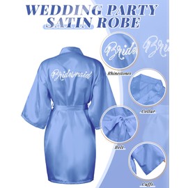 Jecery 10 Pcs Bride Bridesmaid Robes Kimono Rhinestones Short Satin Robes for Women Wedding Party (White and Light Blue)
