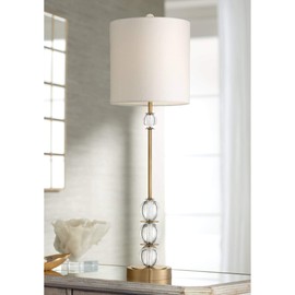 Halston Art Deco Buffet Table Lamp Crystal Ball Brass Metal Off White Fabric Drum Shade for Dining Room - Vienna Full Spectrum