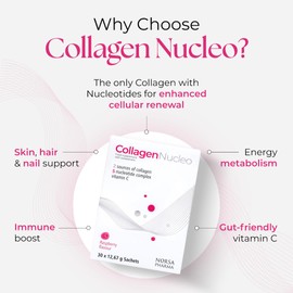 Norsa Pharma Collagen Nucleo (Raspberry / 30 Sachets) | Premium Marine & Bovine Collagen Complex with 5 Nucleotides & Vitamin C | High Bioavailability | Sugar Free | For Skin, Joint & Immunity Support